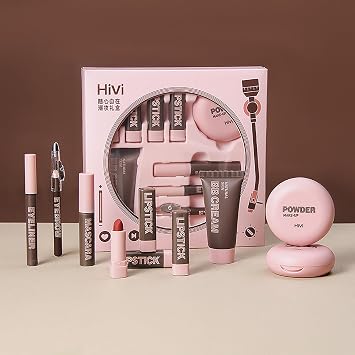 HiVi Makeup Set Cosmetics Set 9-Piece Foundation × 1, Compact Powder × 1, Eyeliner × 1, Eyebrow Pen × 1, Mascara × 1, Lipstick × 4 Full Beauty Makeup Cosmetics Set Long-lasting Makeup Set Beginner