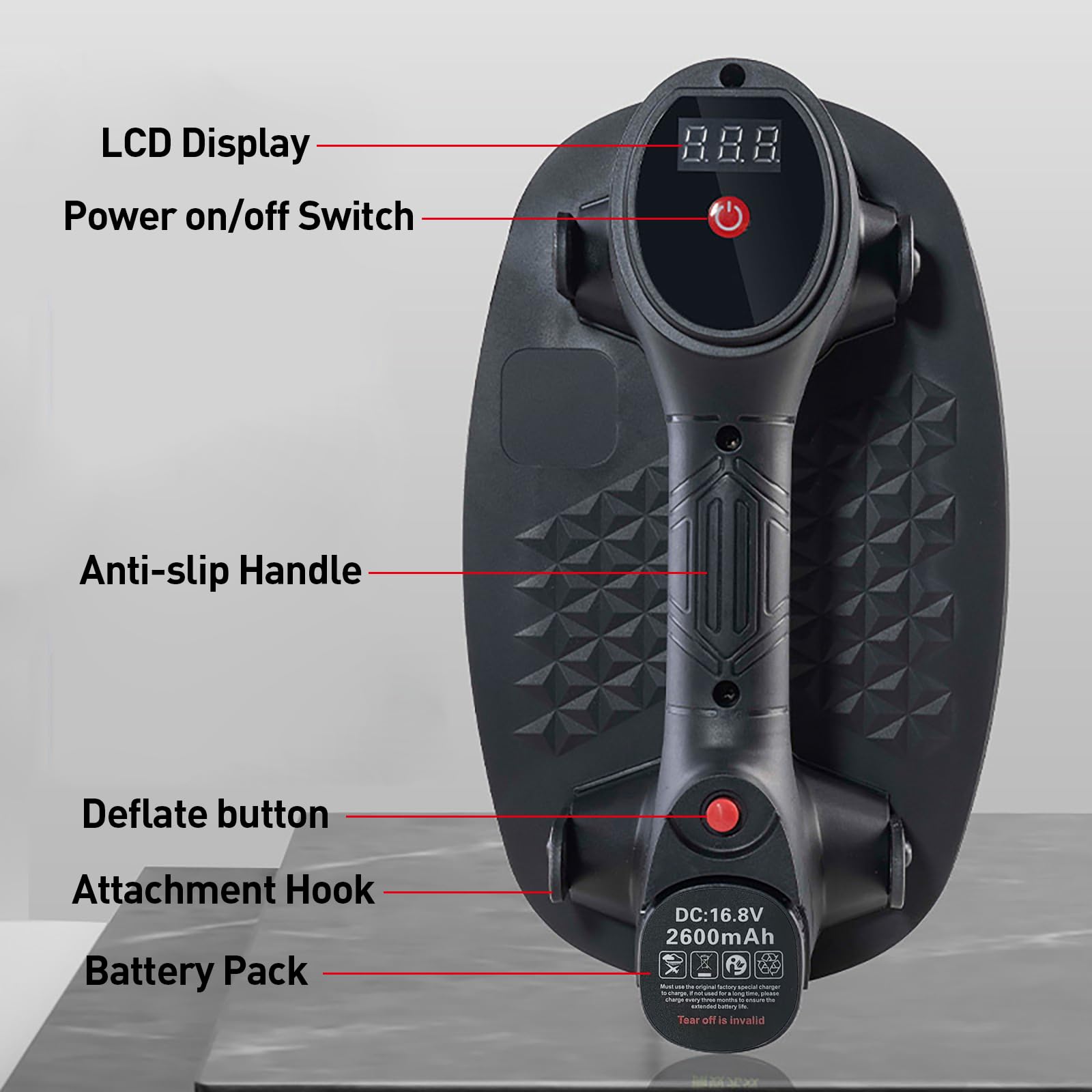 Battery Suction Lifter per piastrelle, vetro, marmo, diametro 24 cm, 2 motori, potenza di aspirazione da 300 kg, display LCD per suction Power & Battery Life, batteria da 2600 mAh