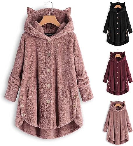 Miniatura 6 de YRAETENM Chaquetas de forro polar para mujer, con botones, manga larga, con capucha, abertura lateral, cálidas, cómodas, para invierno, con orejas
