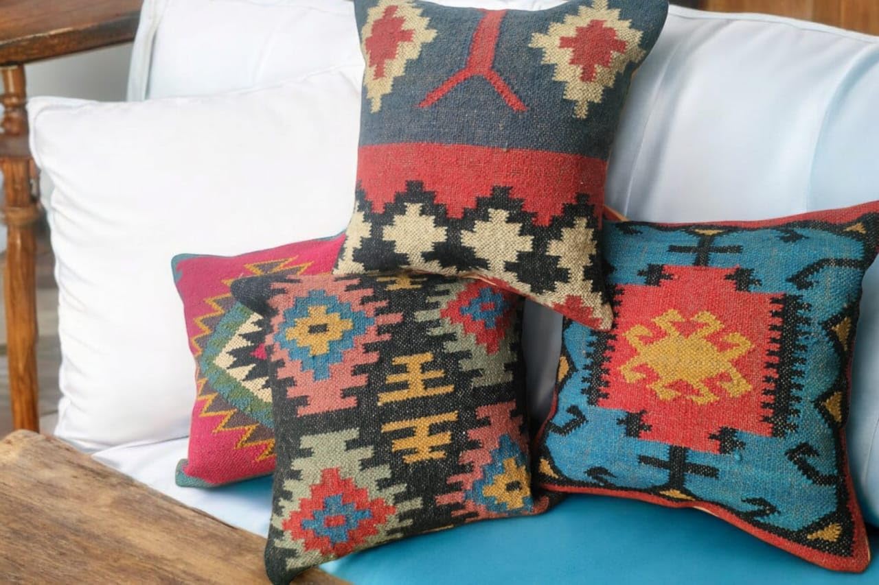 Handwoven Geometric Throw Pillow Covers, Aztec Pattern, Green and Beige, 18x18 Inches, Set of 4 (1, Color 10)