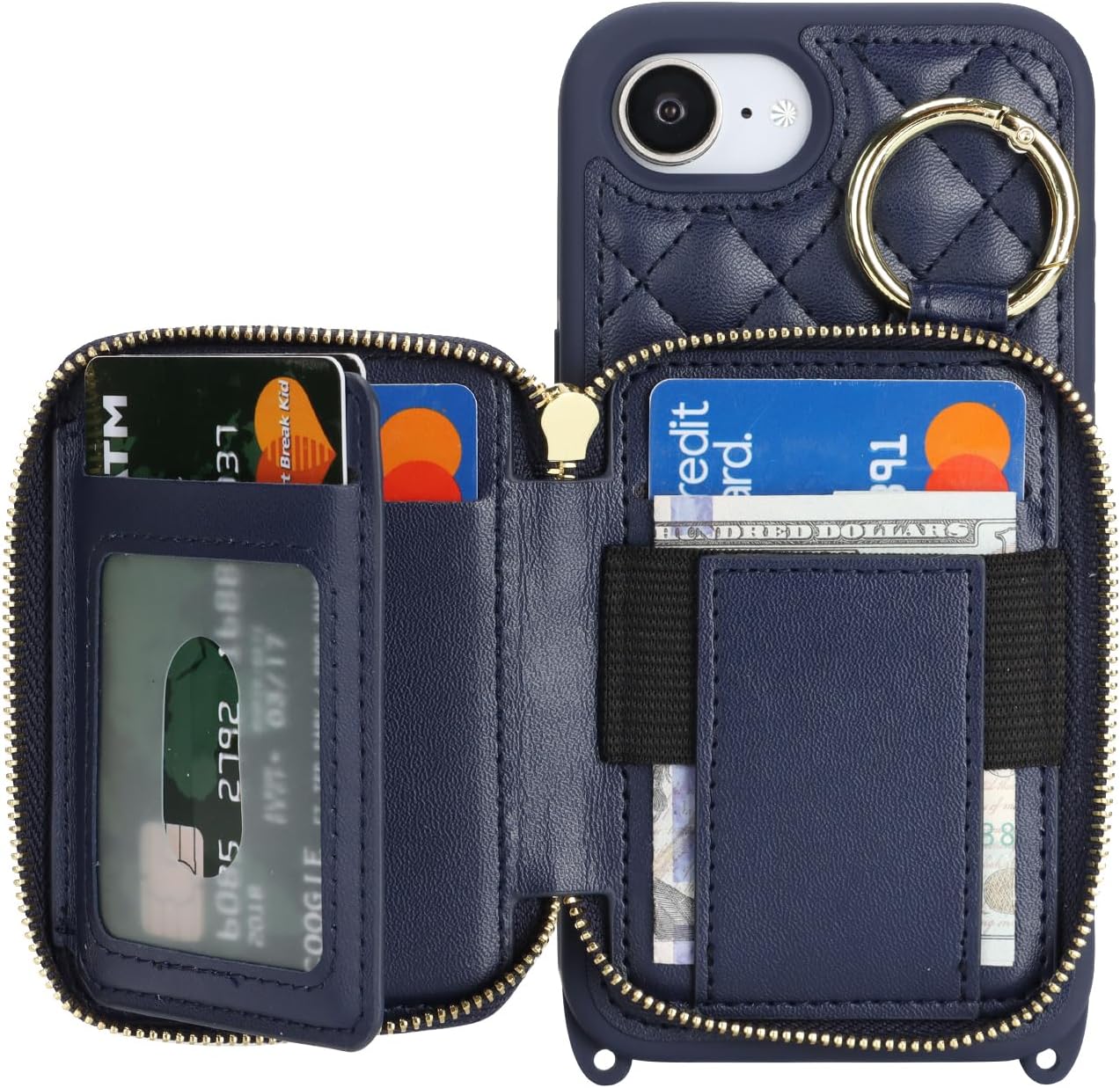 Crossbody Wallet Case for iPhone 17e/16e, PU Leather Zipper Handbag Purse Flip Cover, Kickstand Folio Case with Card Slots Holder Wrist Strap Lanyard 5G 6.1 Inch-Blue