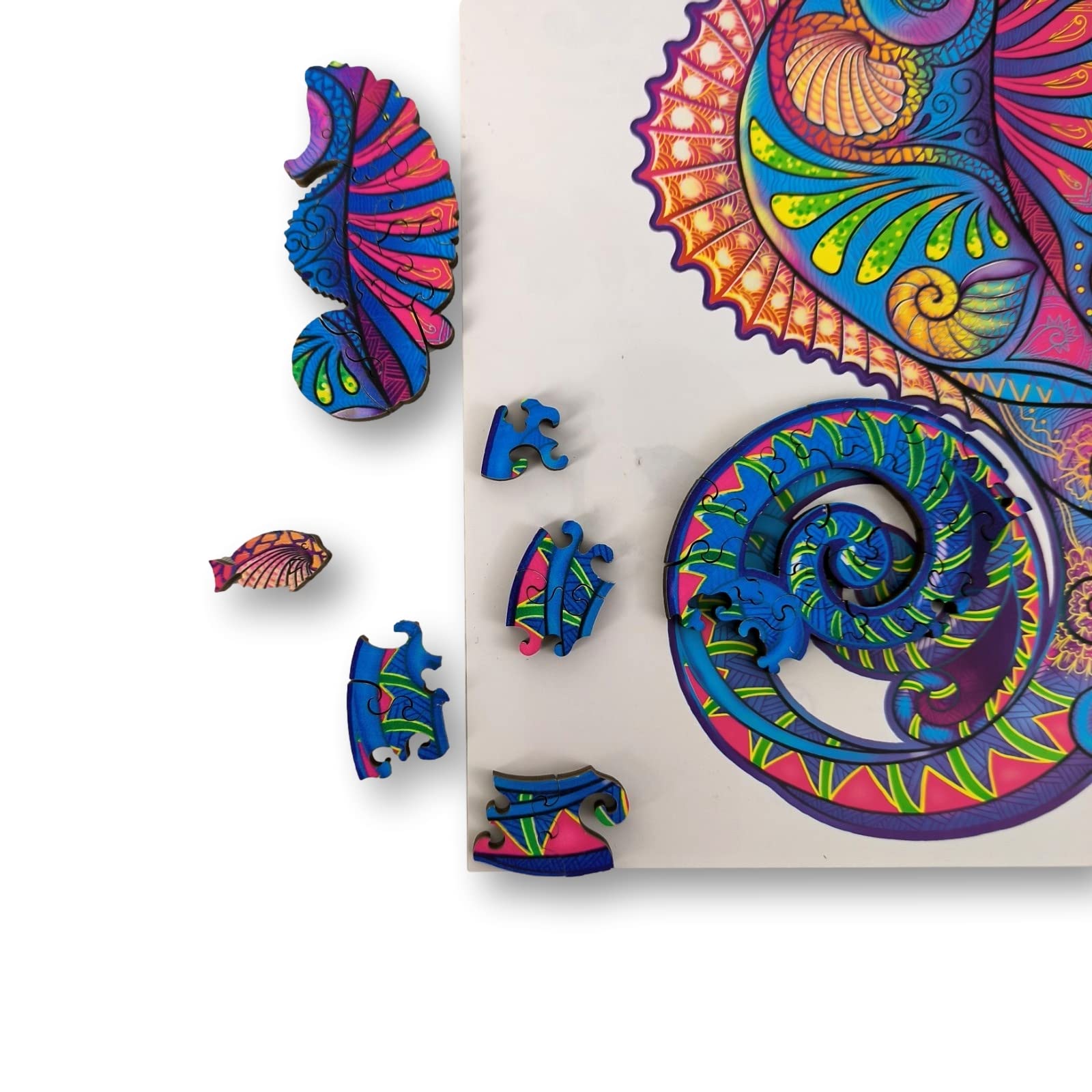 ANIWOOD Puzzle de Madera de Animales. Tapa troquelada, Caja a tamaño Real del Puzzle. 3 Modos de dificultad, Elemento Decorativo. Piezas únicas Originales de Animales (Medium, Caballito de Mar) — view 6