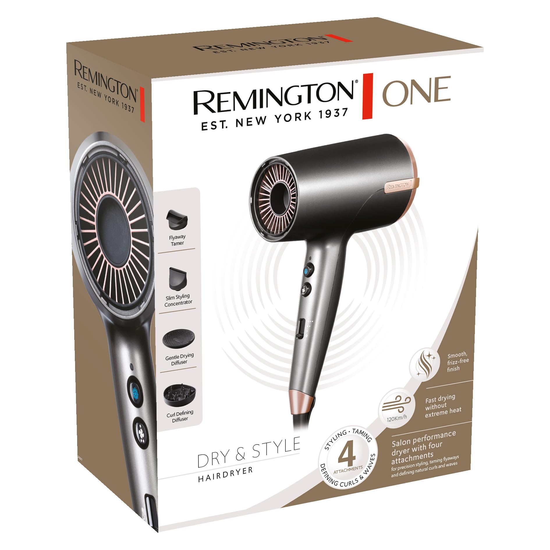 Remington ONE Sèche-cheveux ionique [séchage rapide] 4 embouts (120 km/h flux d'air, 2000 W, finition lisse & séchage doux, diffuseur, concentrateur fin, 8 combinaisons de chauffage & vitesse) D6077
