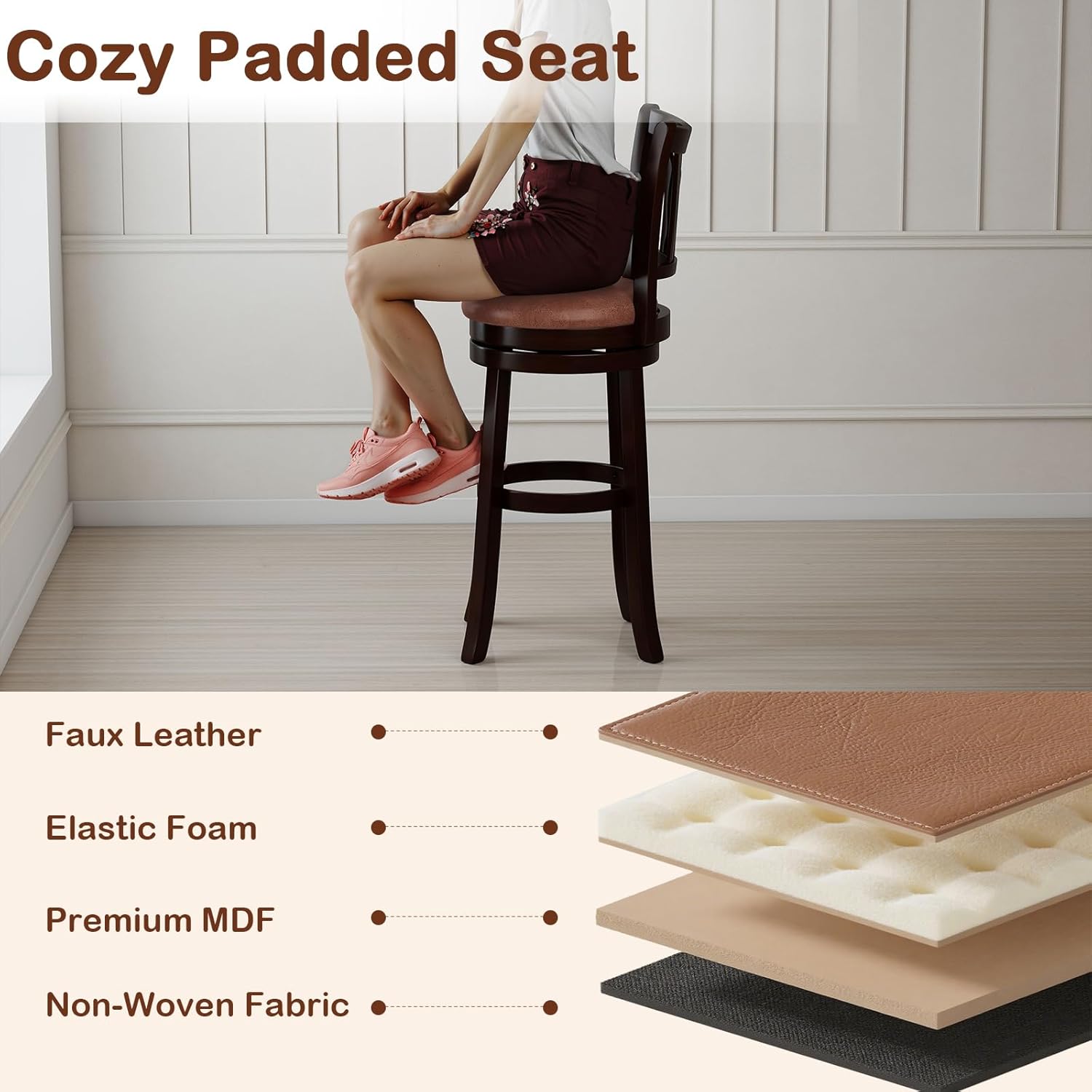 COSTWAY 30" Bar Height Stools Set of 2, Swivel High-Top Chairs with Backrest & Faux Leather Padded Seat, Rubber Wood Counter Barstools with Footrest for Kitchen Islands, Dining Room, Pub (2,30'')