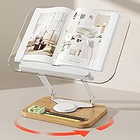 Vista 10 de BYMECOST Soporte de acrílico para lectura, soporte ajustable para libros con base giratoria de 360° y clips elásticos para páginas, soporte elevador