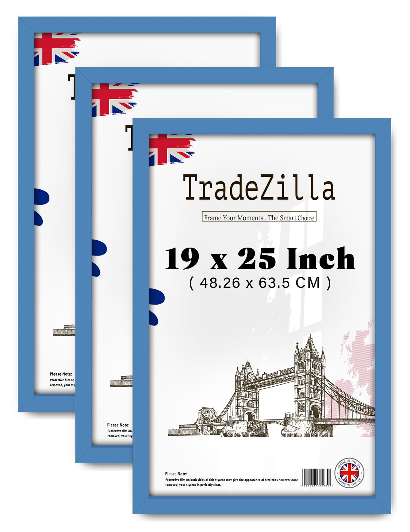 TradeZilla pack of 3 MDF Wood Poster Frame (48.26 x 63.5 CM) Modern Wall Décor Frame for Art & Home Interiors, Durable MDF Build, Hanging Hooks Included for Easy Mounting [ Blue ]