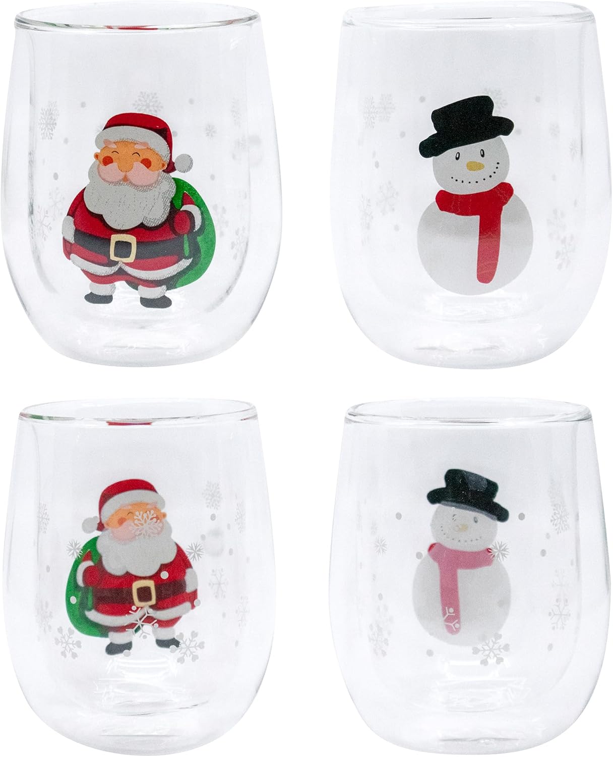 Stephanie Imports Set of 4 Double Walled Stemless Borosilicate Wine Glass Christmas Themed Drinking Glasses, 12 oz (Assorted) - Image 3