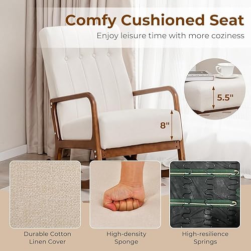 Miniatura 6 de KOMFOTT Mecedora para guardería con otomana, silla mecedora tapizada con reposapiés, bolsillo lateral, marco de goma estable y respaldo copetudo,