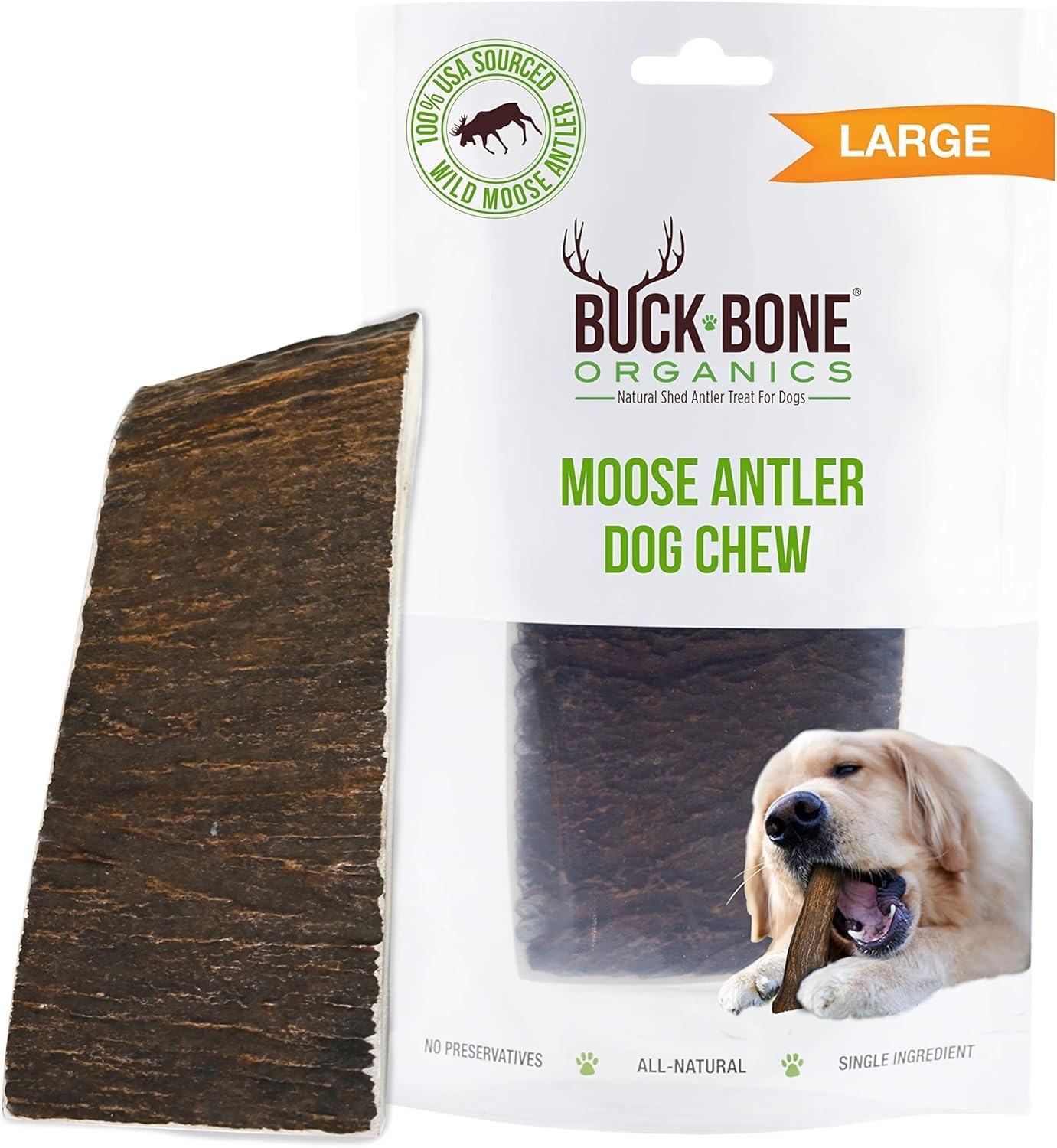Buck Bone Organics Dog Chews, Moose Antlers for Dogs, Long Lasting Dog Bones for Aggressive Chewers, All Natural, No Preservatives, Wild Shed in the USA (Large)