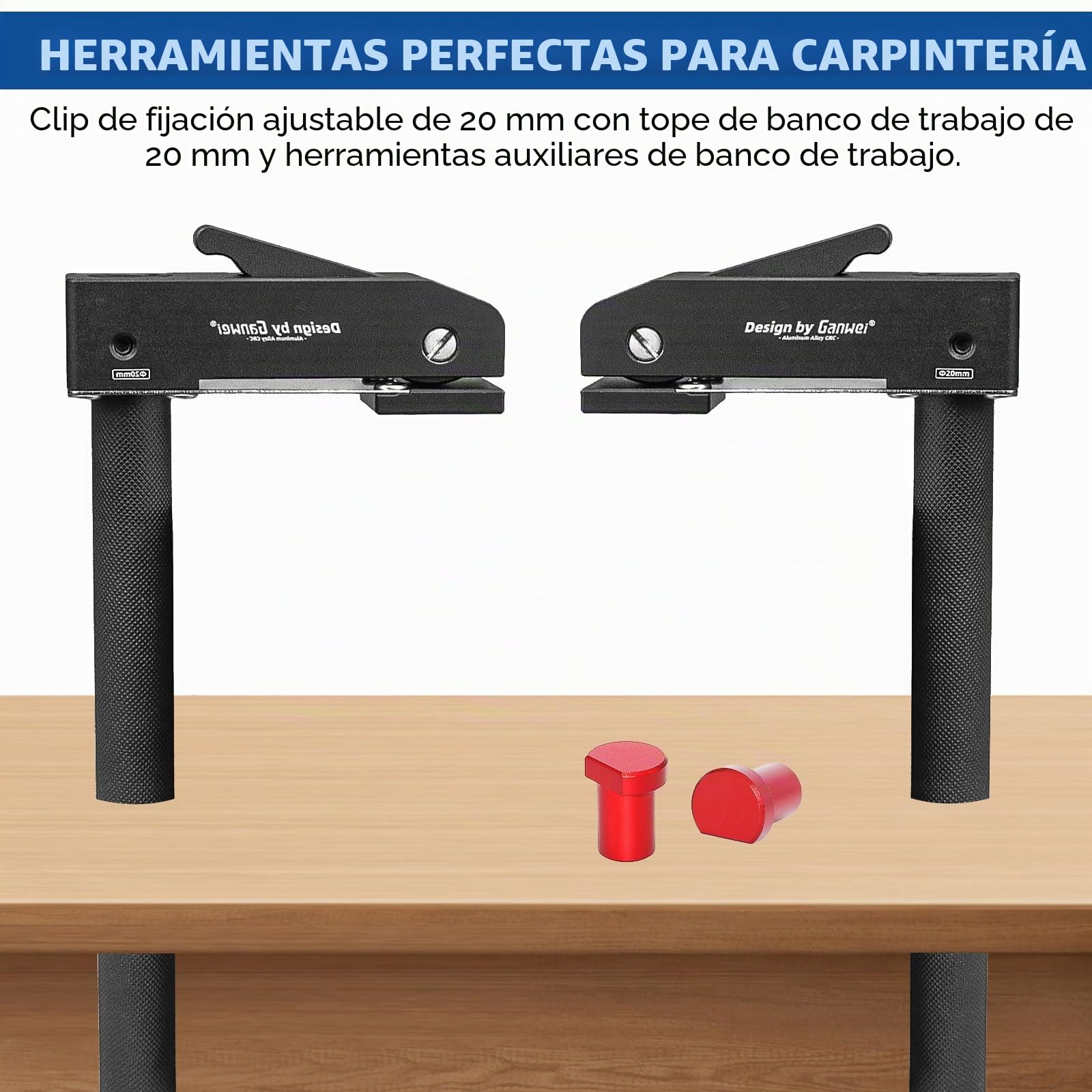 2 Piezas Sargentos de Apriete Ajustable + 4 Perros de Banco de Trabajo, 20 mm Sargentos para Madera, Juego de Sujeción de Orificio para Perro, Clip de Escritorio para Carpintería