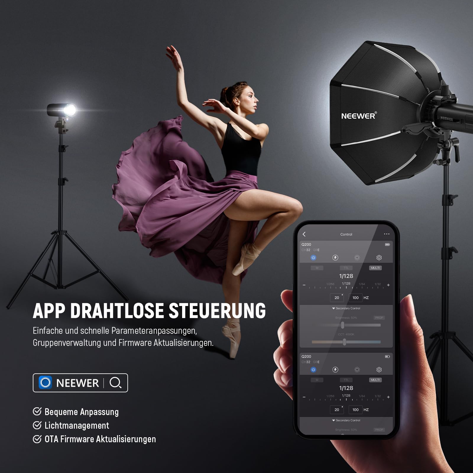NEEWER Q200 200Ws 2,4G TTL Outdoor Studioblitzgerät mit App Steuerung, kompatibel mit Godox, 1/8000 HSS, 3200mAh Akku, 10W Einstelllicht/750W Blitzleistung/0,01–1,5s Blitzladezeit
