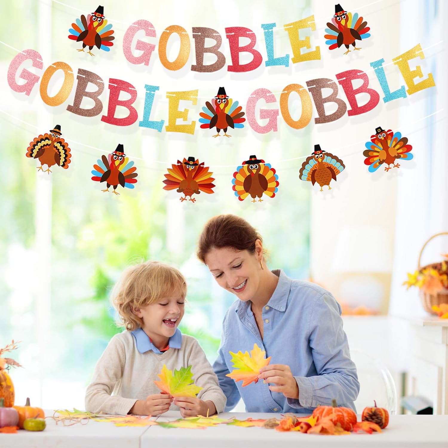 HOWAF Glitter Turkey Gobble Banner - 27pcs Happy Thanksgiving Decoration Garland for Friendsgiving Party, Fireplace Mantle Decor Supplies