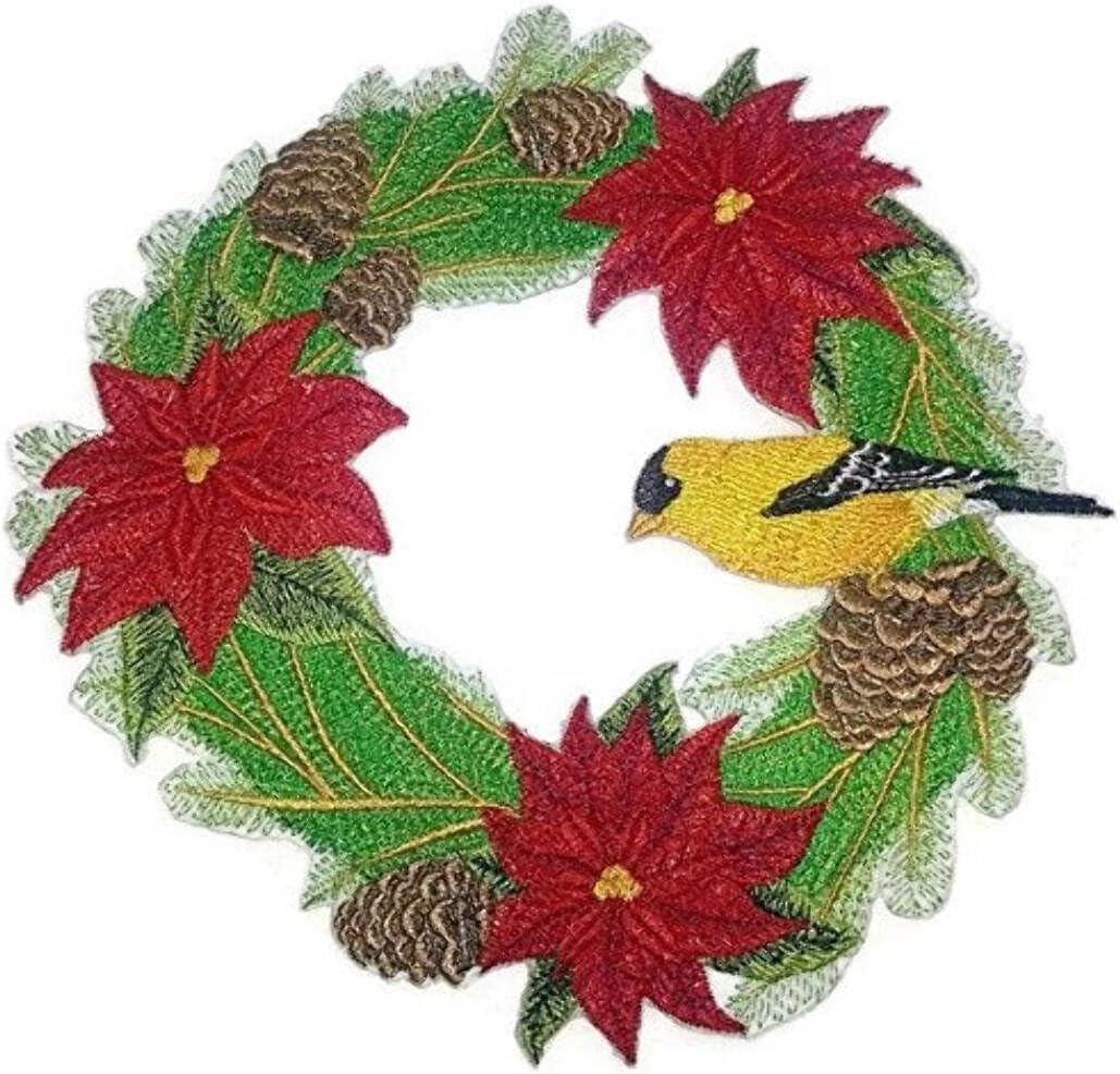 BeyondVision Custom Christmas Wreaths with Bird Color of Nature [Goldfinch and Poinsettia Wreath ] Embroidered Iron on/Sew Patch [8" *8"] [Made in USA]