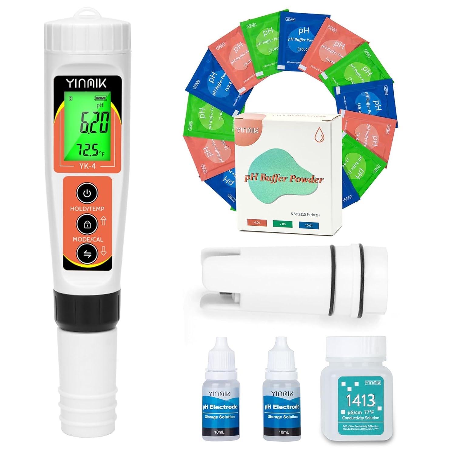 YINMIK YK-4 pH Meter with Replacement Probe, pH Calibration Buffer, EC Calibration Solution, pH Probe Storage Solution