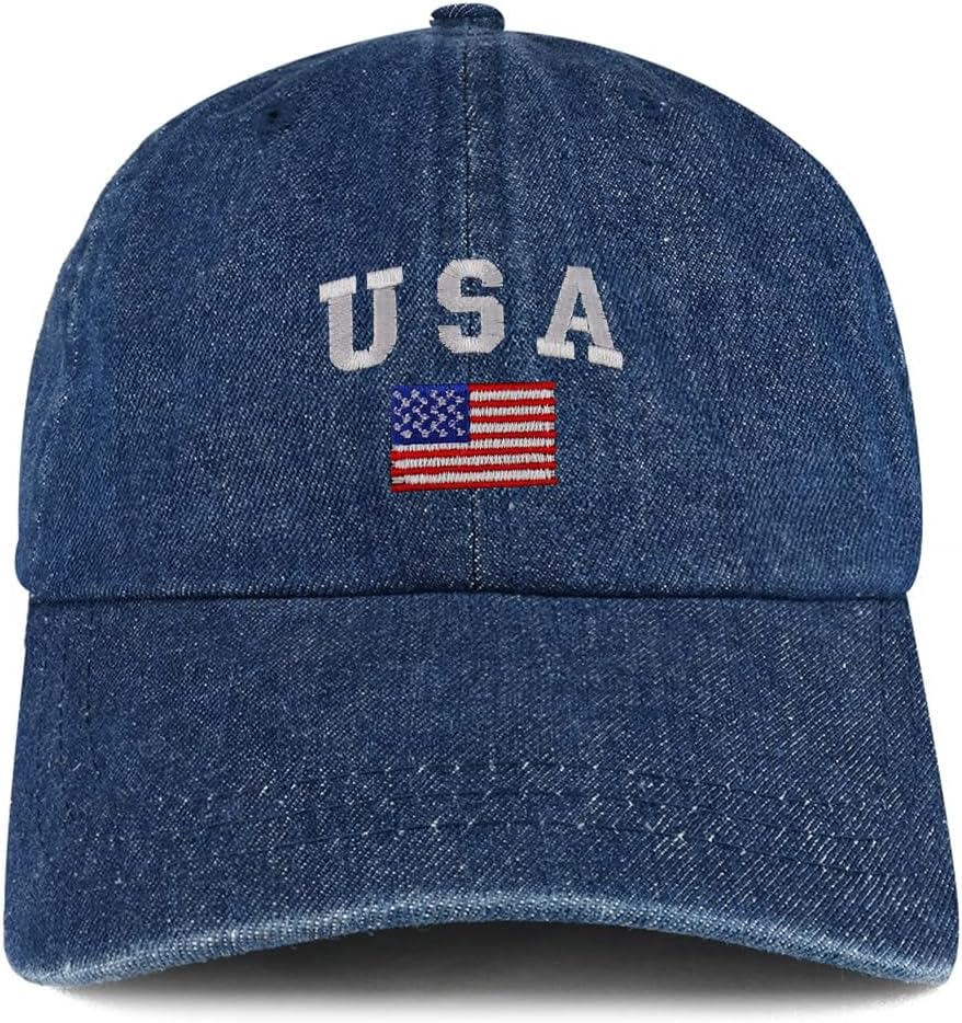 Trendy Apparel Shop American Flag and USA Embroidered 100% Cotton Denim Cap Dad Hat