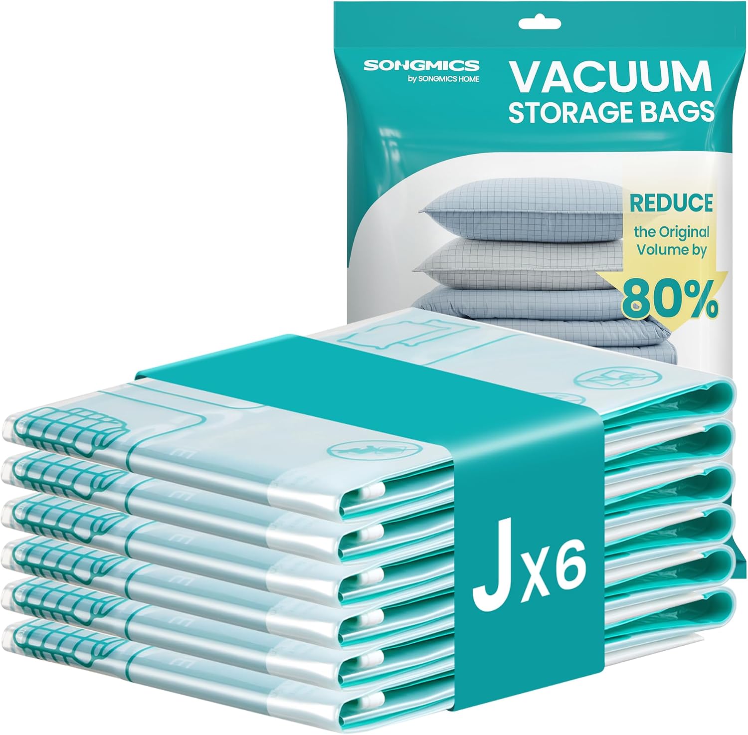 SONGMICS Vacuum Storage Bags, Vacuum Seal Suction Bags for Clothes Bedding Travel, Space Saver Reusable, 6 Pack, J, Transparent LVB103W101