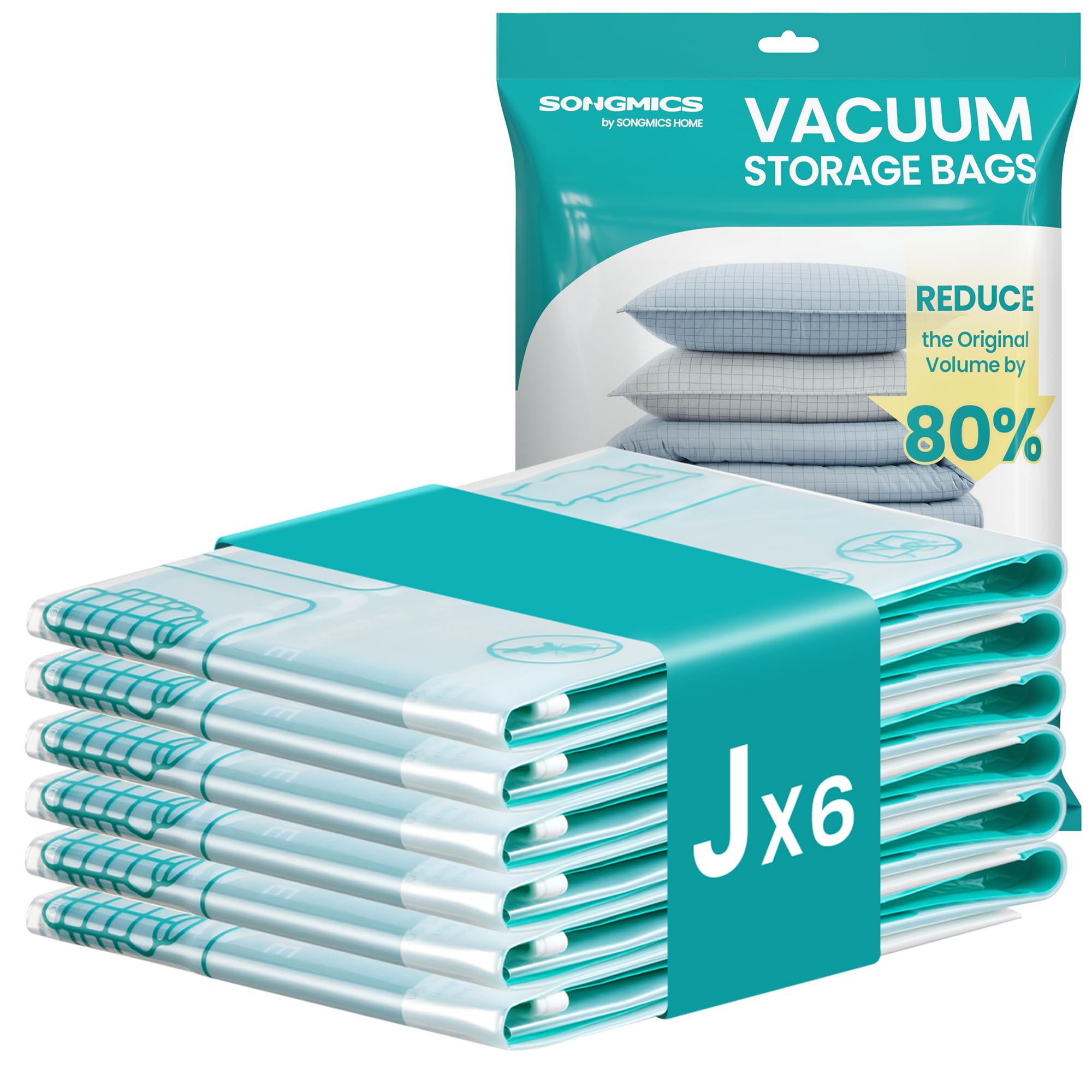 SONGMICS Vacuum Storage Bags, Vacuum Seal Suction Bags for Clothes Bedding Travel, Space Saver Reusable, 6 Pack, J, Transparent LVB103W101