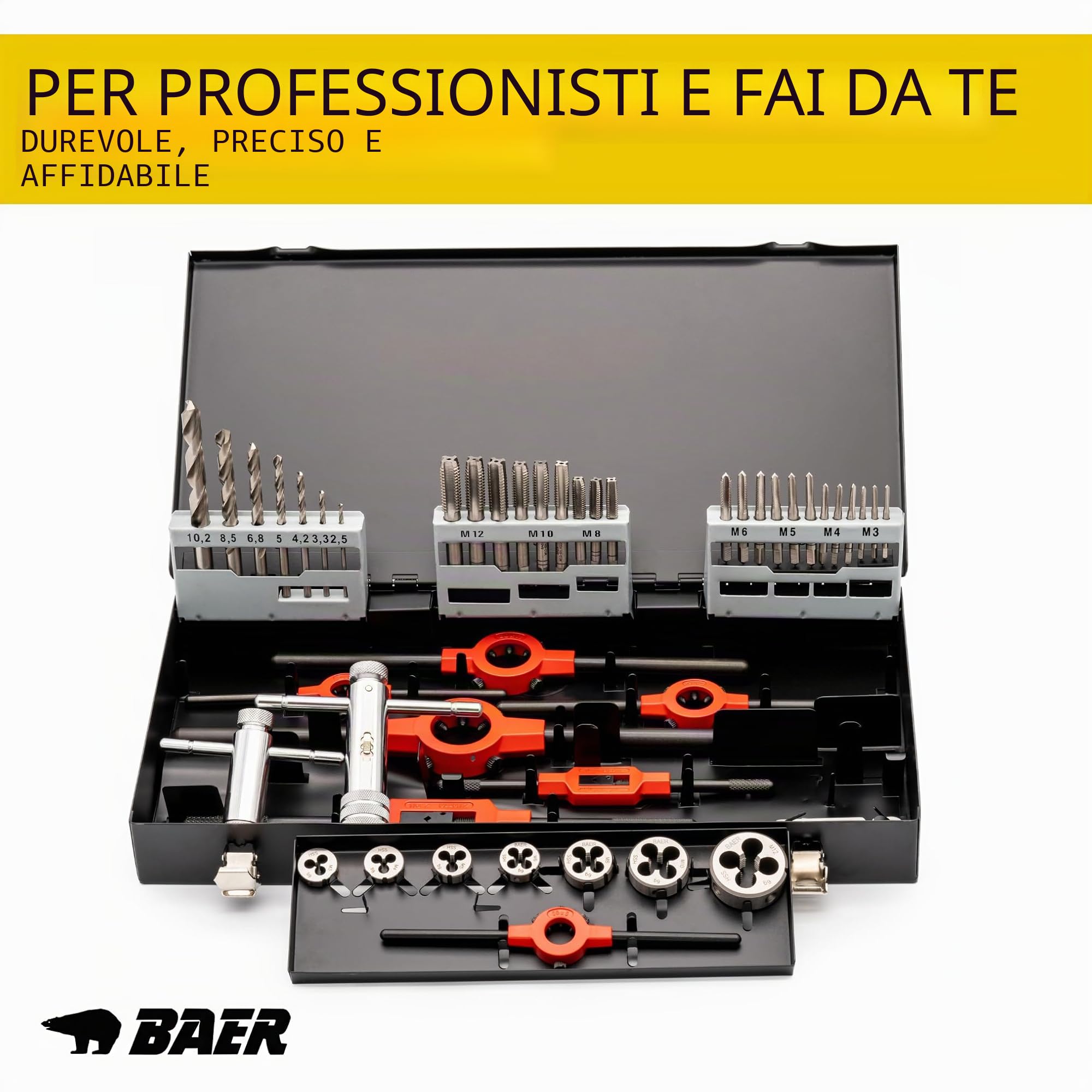 BAER Set di maschietti M3 – M12, HSS, file, utensili per filettatura, set di filettatura, maschio