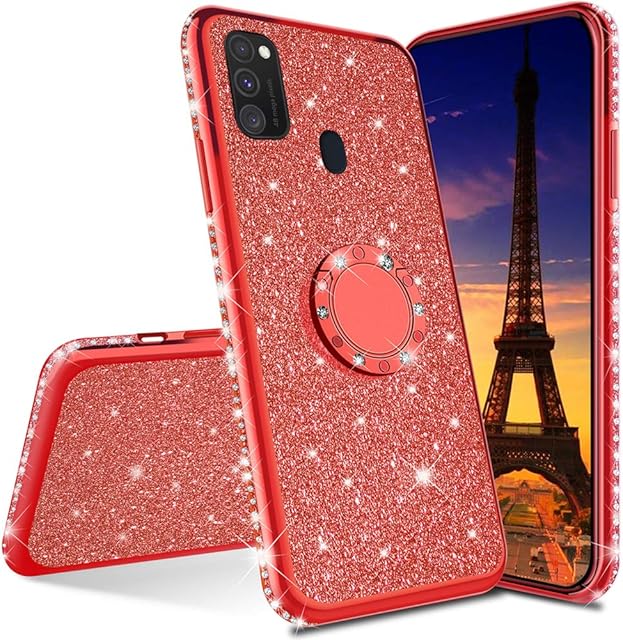 IMEIKONST Glitter Case for OPPO A53, Sparkly Bling TPU Cover Rotating Ring Stand Silicon Soft TPU Protective Skin Slim Compatible With OPPO A53 Bling Red KDL
