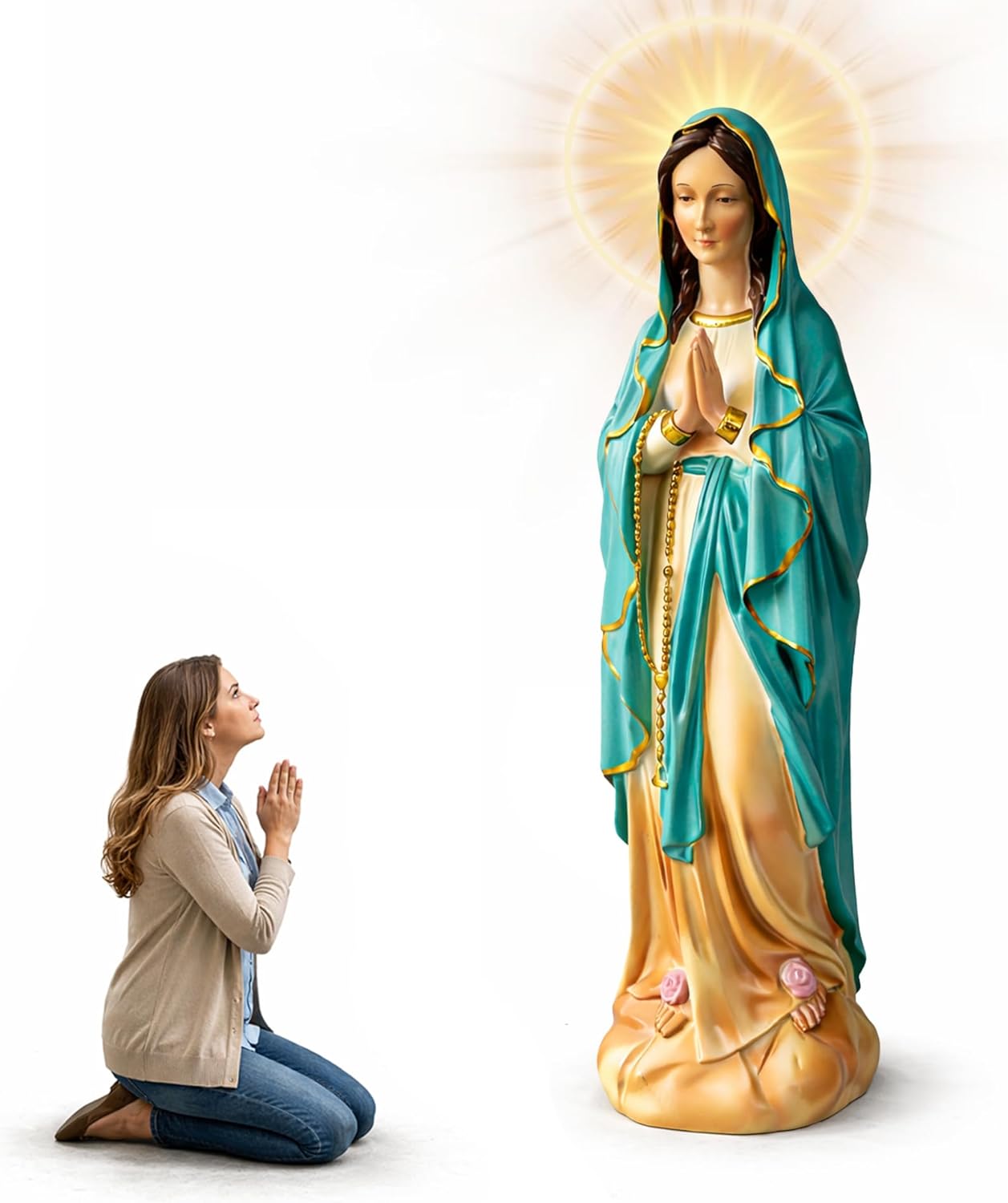 11 Inch Virgin Mary Praying Statue, Symbol of Peace and Faith, Handcrafted Teal Blue Robe Decor for Home, Mantel, Prayer Corner, Entryway Table, Bookshelf, Prayer Space and Chapel