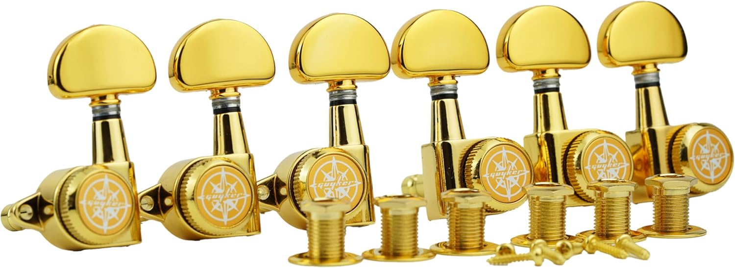 Guyker 6Pcs Guitar Locking Tuners (3L + 3R) – 1:21 Lock String Tuning Key Pegs Machine Heads with Half-Circle Handle Replacement for LP SG Style Electric, Folk or Acoustic Guitars – Golden
