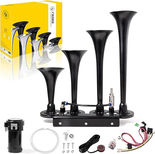 Miniatura 16 de FARBIN 178DB - Bocina de aire de 4 trompetas potente, con tanque de aire de 150 PSI, tipo tren, con compresor de aire 12 V, para camiones, Jeep, SUV