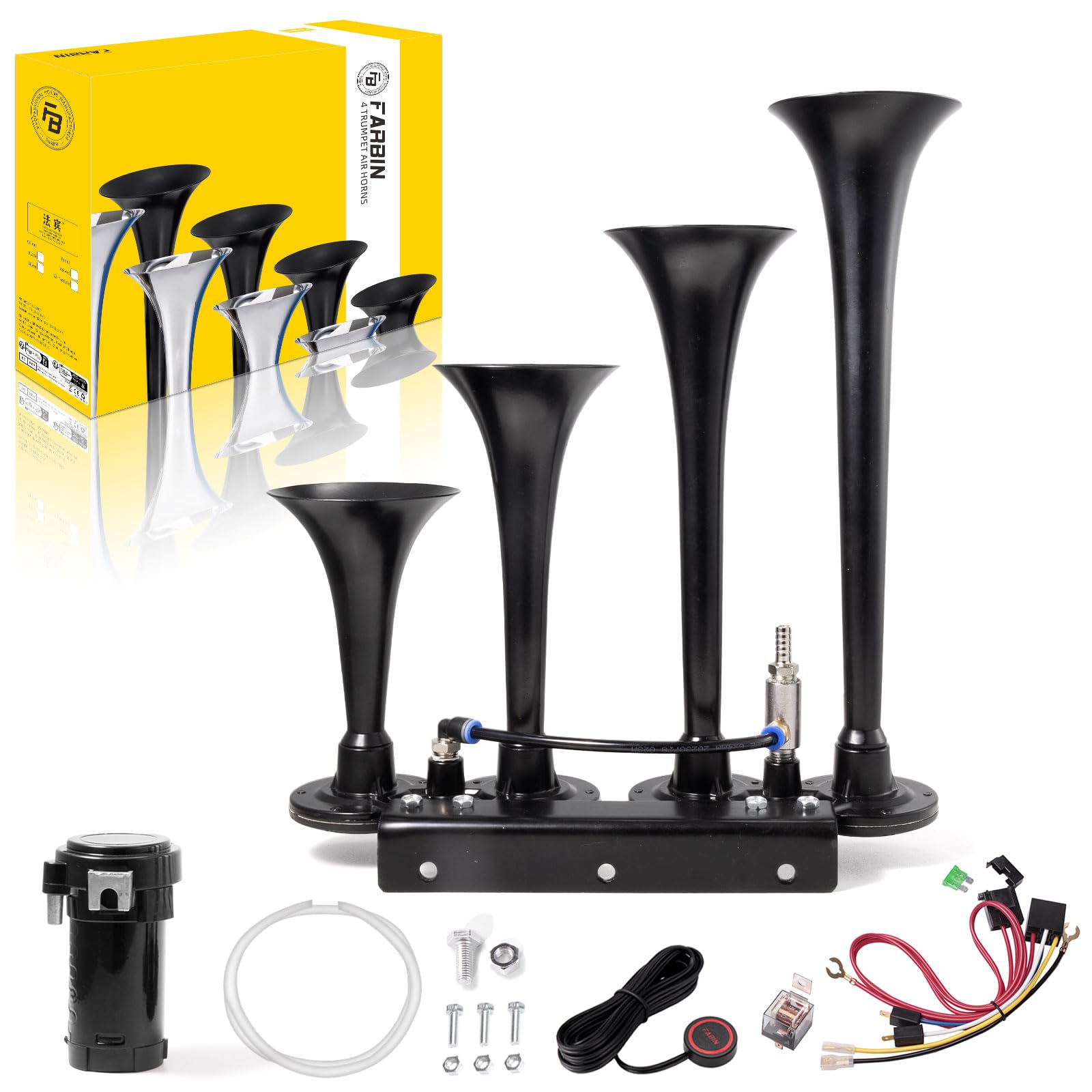 FARBIN Air Horn 4 Trumpet Train Horn for Truck Horn Kit with Compressor