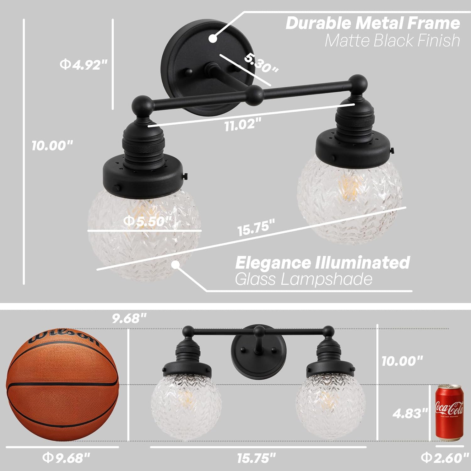 Vintage Farmhouse 2-Light Black Glass Wall Sconce Double Arm Hardwired Bathroom Vanity Light Over Mirror Wall Mount Fixture for Kitchen Sink Bedroom Living Room Décor,E26