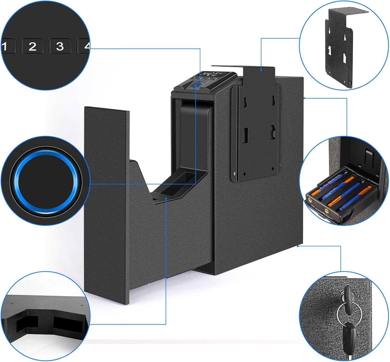 Slider Hidden Handgun Safe, Biometric Fingerprint Smart Pistol Safe for Nightstand, Desk, Bedside - Auto Sliding Door- Fingerprint, PIN Code, KEY Access (Classic)