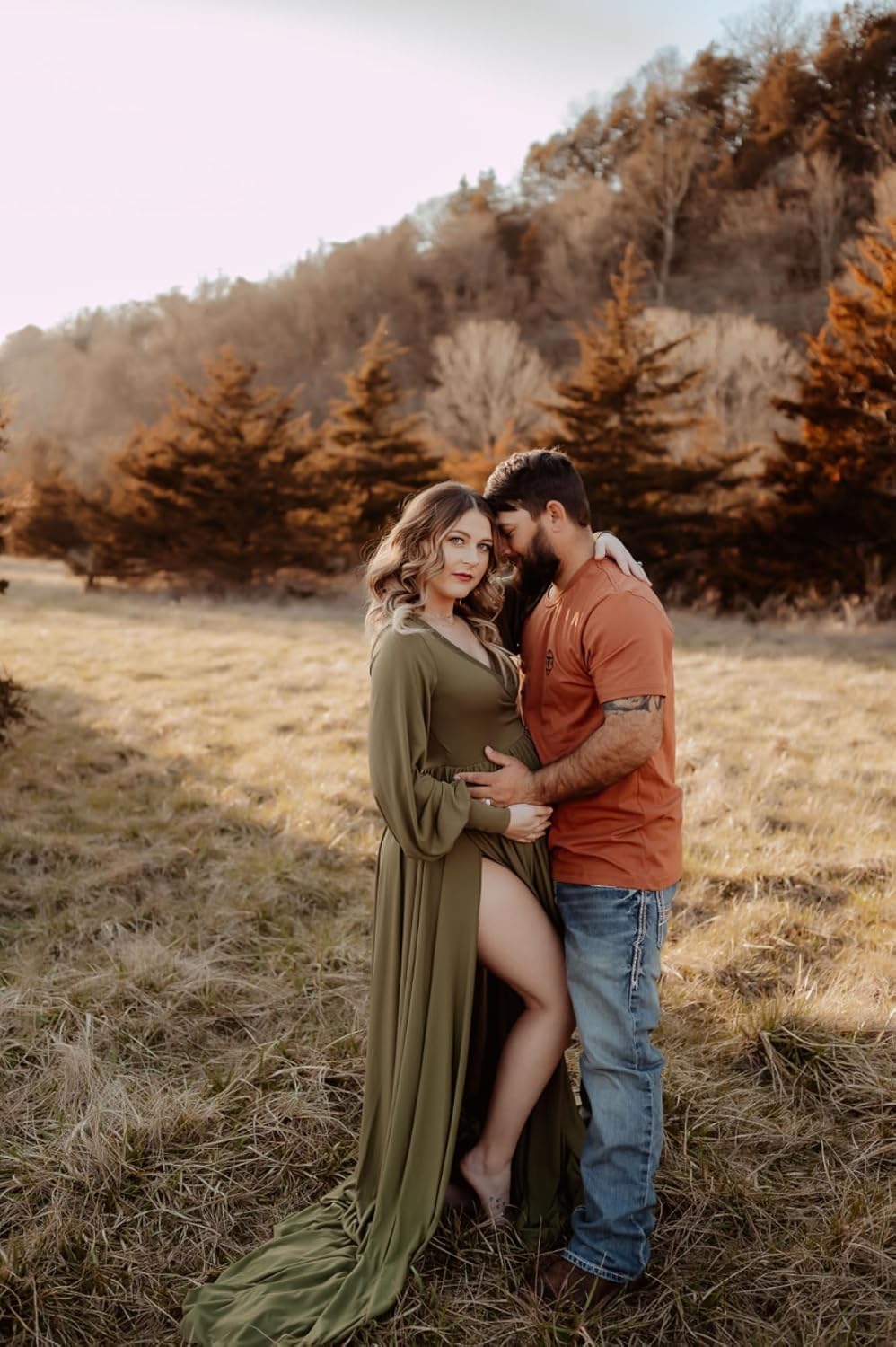 Maternity Gown Bishop Sleeves Baby Shower Dress Wrap Side Slit Sweetheart Maxi Photo Shoot for Photography - Image 2