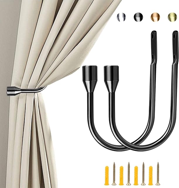 ALEENFOON Haczyki do zasłon w stylu litery U, metalowe wiązania do zasłon, nowoczesny design, zawiązania do woalu, 2 sztuki (metaliczna czerń)