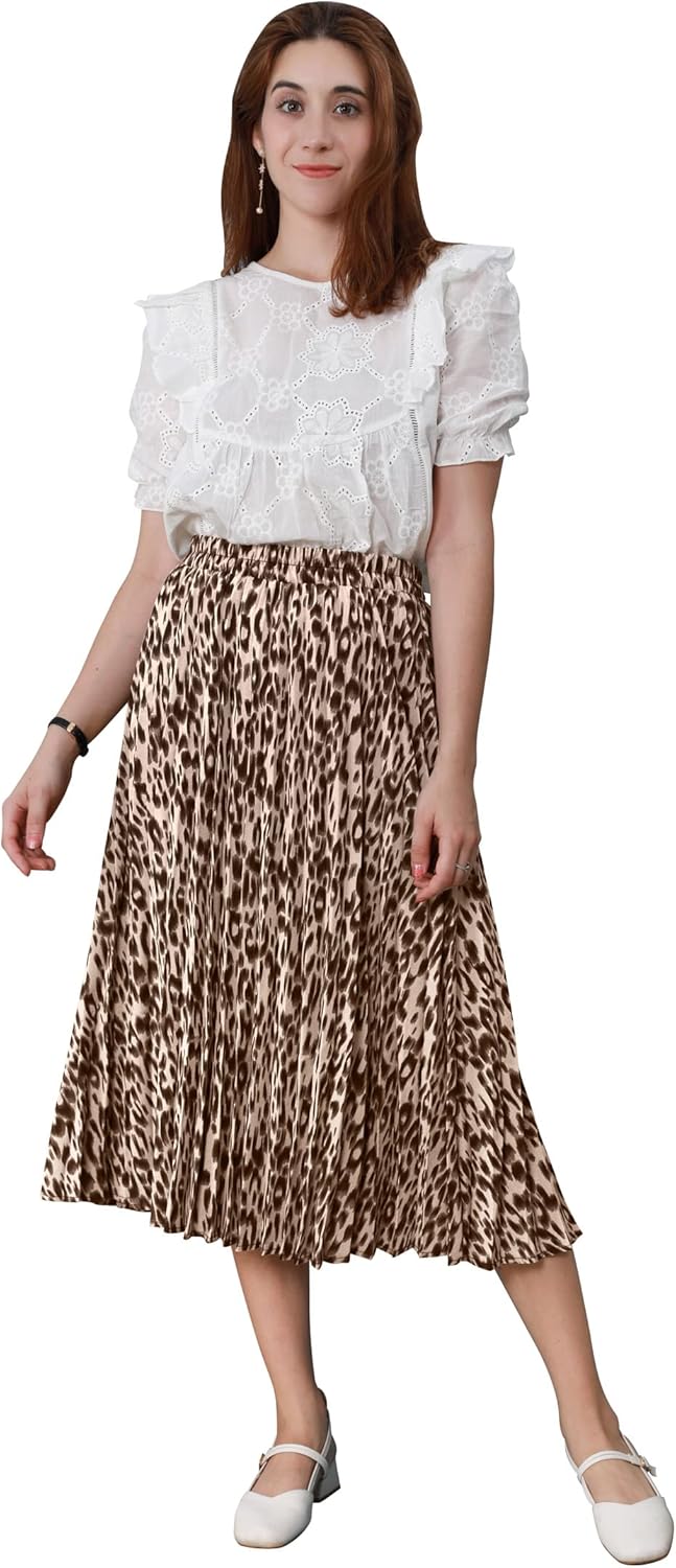 CHARTOU Womens Chic Elastic High Waisted A Line Leopard Print Pleated Shirring Midi-Long Skirt - Image 2