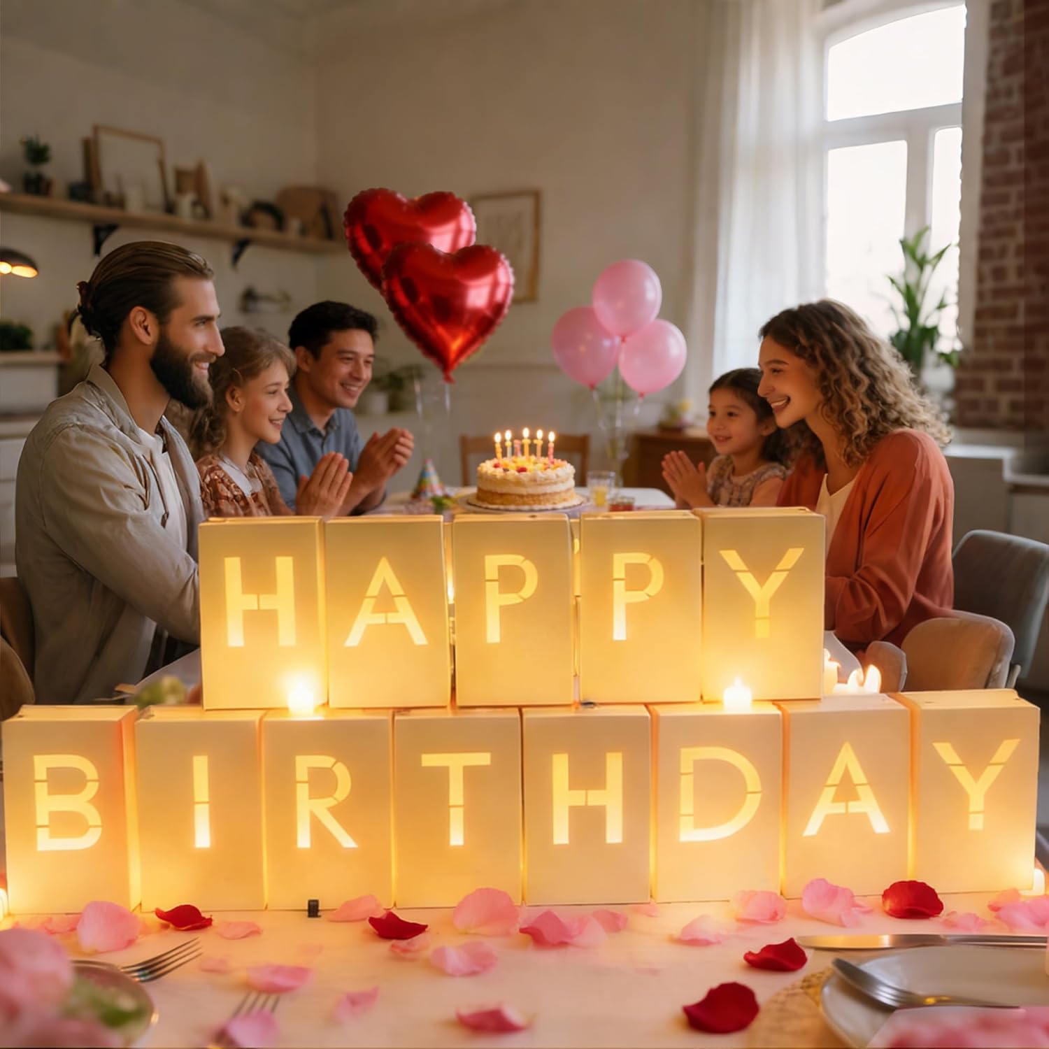 2073Pcs Happy Birthday Decorations with Light Up Letters,Tea Lights Candles Rose Petals Latex Balloons Heart Aluminum Balloons Luminary Bags Party Banner Sign Birthday Surprise Gifts for Women Men