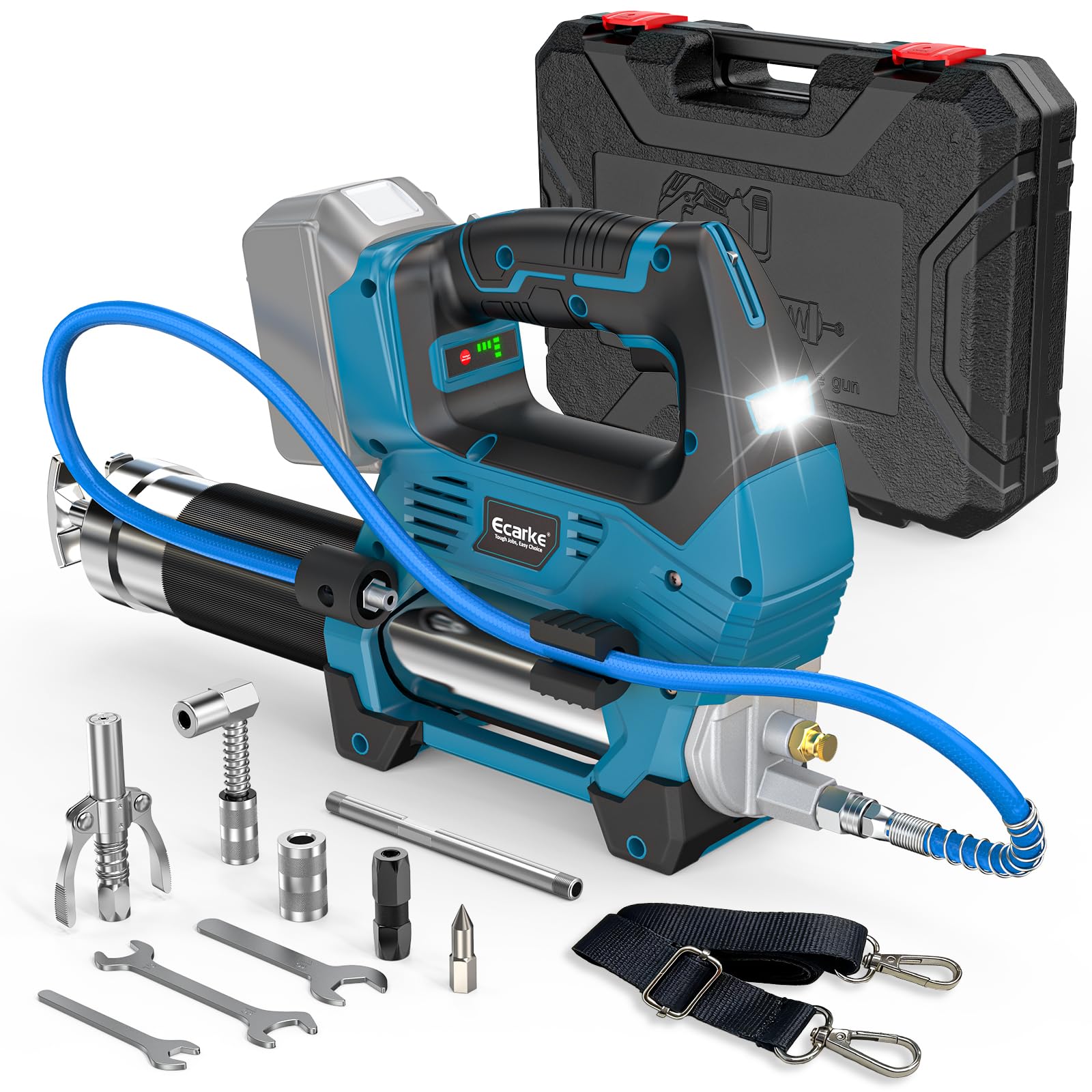 Ecarke 12.000 PSI Akku Fettpresse kompatibel mit Makita 18V Akku (ohne Akku), bürstenloser Motor, 3-stufige Geschwindigkeiten, 1m Flexschlauch, 90° Grad-Adapter, LED-Licht ideal für schwere Maschinen