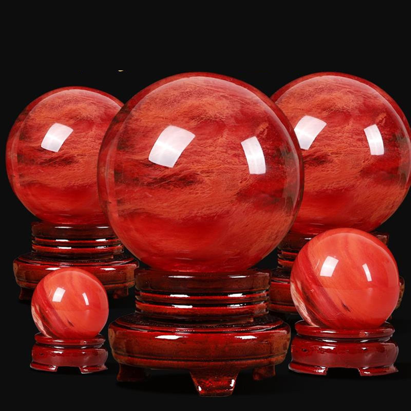 Bola de cristal fundido rojo de piedras preciosas con soporte de madera | Esfera de cristal decorativa, bolas de meditación, decoración de brujería Feng Shui, accesorio de orbe de cristal