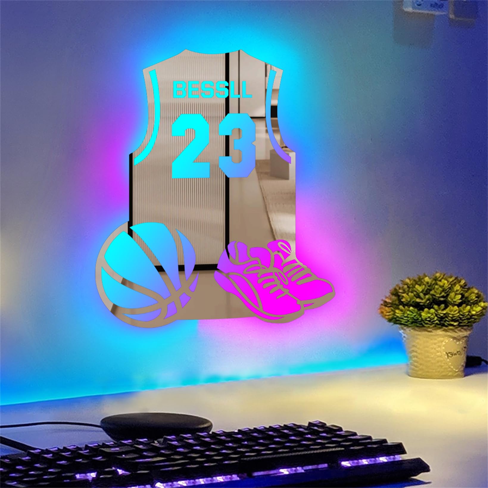 Collienght Personalized Soccer LED Mirror Light 16 Colors Neon Mirror Football Sign Unique Wall Art Decor Acrylic Mirror Etched Mirrors for Boy Men Sport Lover (Basketball Jersey Wall Mirror) — image 1