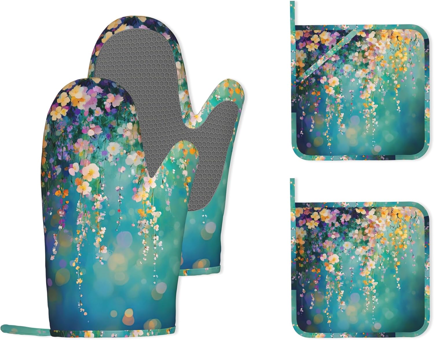 Watercolor Ivy Flower Spring Flower Oven Mitts and Pot Holders (4PCS),Heat Resistant Non-Slip Silicone Kitchen Gloves for Cooking, Baking, BBQ Waterproof Kitchen Accessories