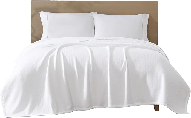 Beatrice Home Fashions GOTS Certified 100% Coton biologique Couverture de poids moyen, Couverture souple et confortable pour lit, Canapé, Couch, Chaise, Plein/Queen, Blanc