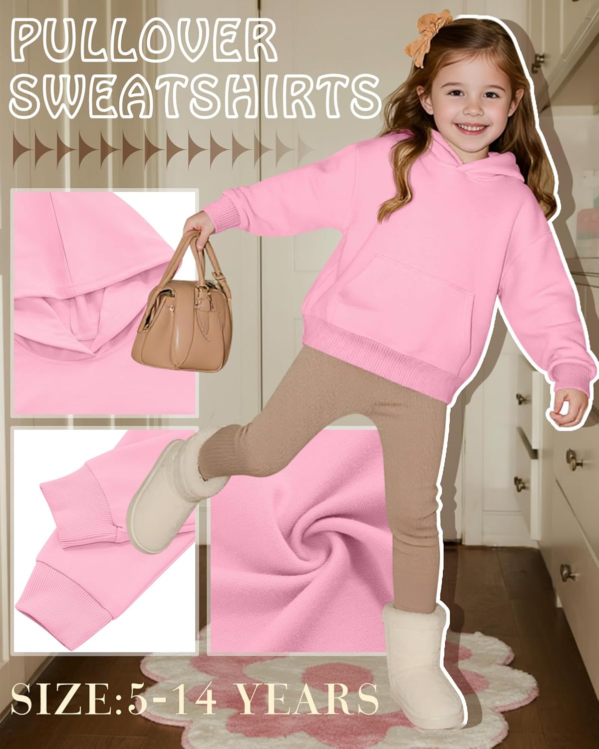 Toddlers' and Girl's Hoodies Lightweight Oversized Long Sleeve Hooded Sweatshirt Causal Pullover Tops with Pockets(Pink,5-6 Years) - Image 4