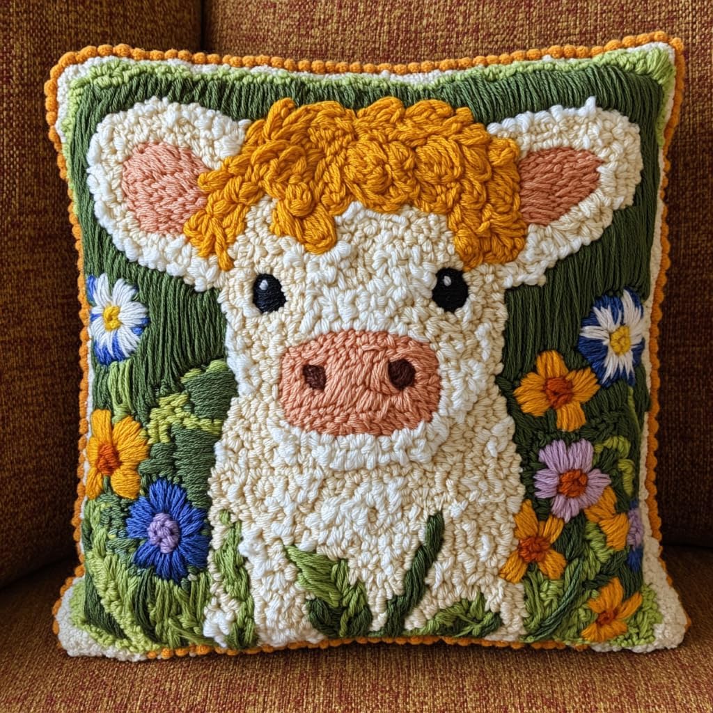 DIY Punch Needle Pillow Kit Cute Highland Cow and Wild Flowers with Pattern and Hoop Handmade Embroidery Punch Needle Starter Pillowcase Set for Home Sofa Decor 43x43cm-1-5