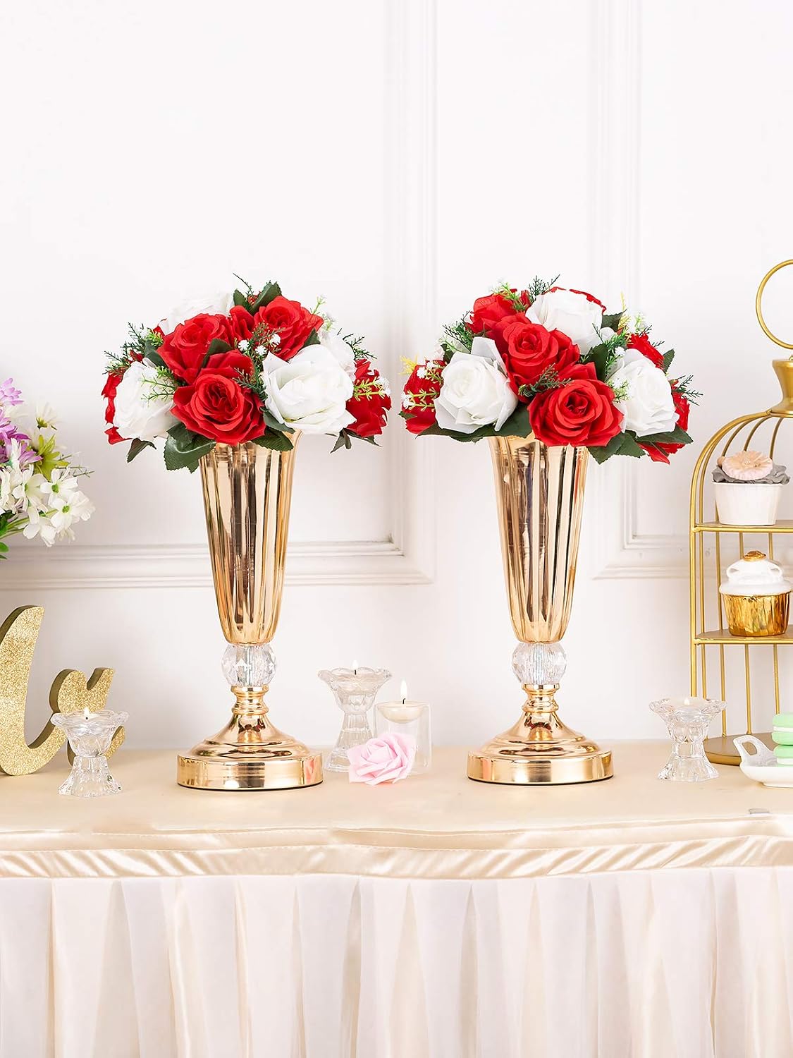 NUPTIO 2 Pcs Fake Flower Ball Arrangement Bouquet,15 Heads Plastic Roses with Base - Image 5
