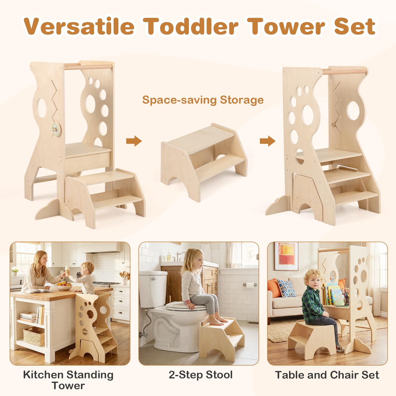 COSTWAY 3 in 1 Lernturm mit 2-Stufen-Hocker, Tritthocker aus Holz mit abnehmbaren Sicherheitsstangen & Linienspiele, Trittleiter & Kindersitzgruppe Montessori, Trittschemel für Kinder ab 3 Jahren