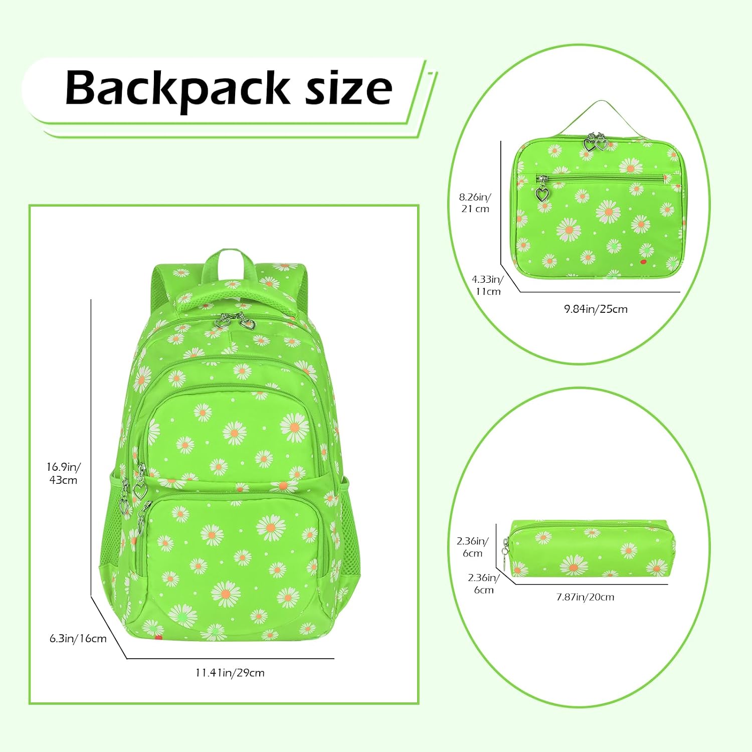 goldwheat Daisy Printed Backpacks With Lunch Pack Pencil Case 3pcs, Lightweight Water Resistant Bookbag For Middle School
