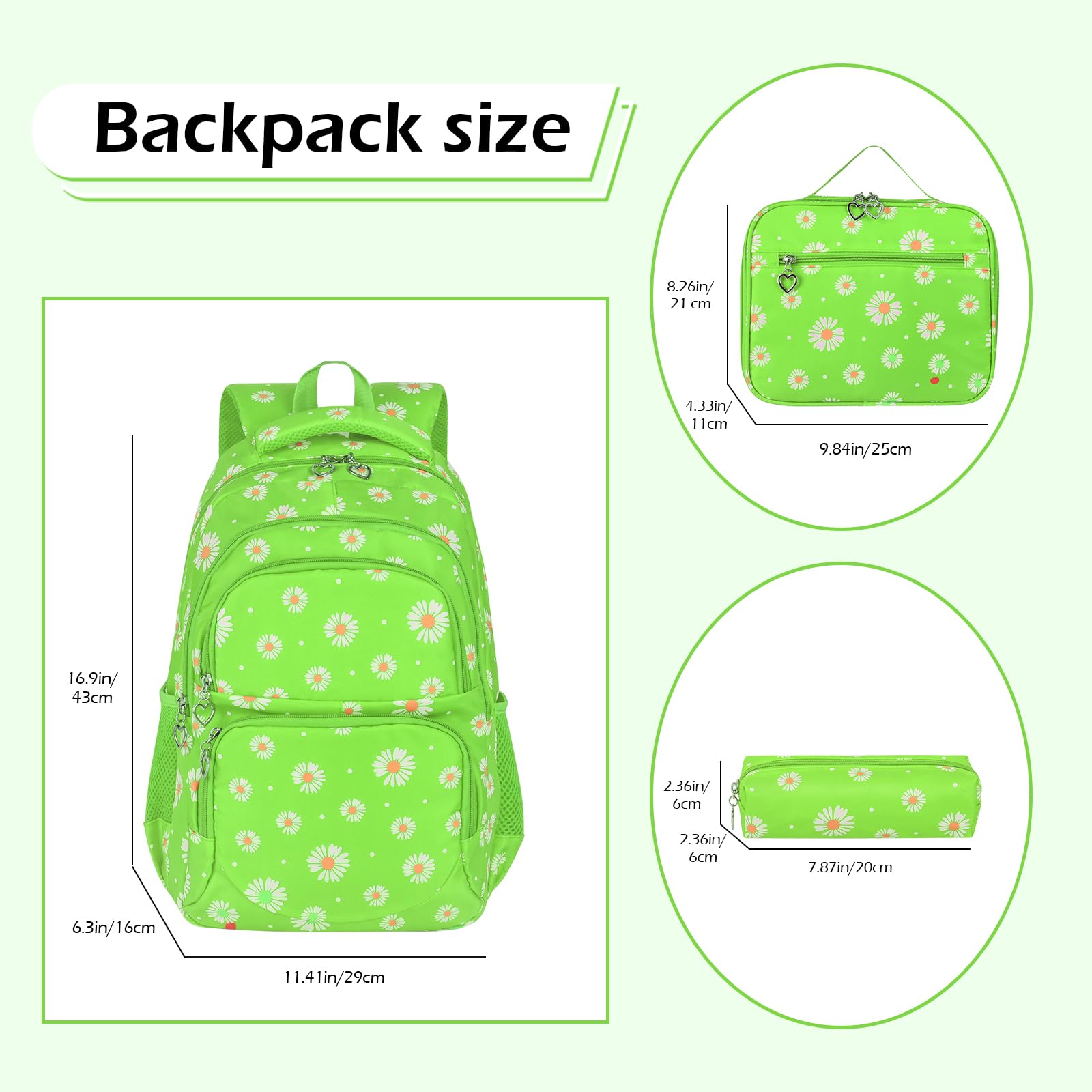 SIVENKE Set di zaino per la scuola con stampa di margherite, con borsa per il pranzo, astuccio, 3 pezzi, borse per la scuola per adolescenti, ragazze, ragazzi, scuola elementare, media, resistente