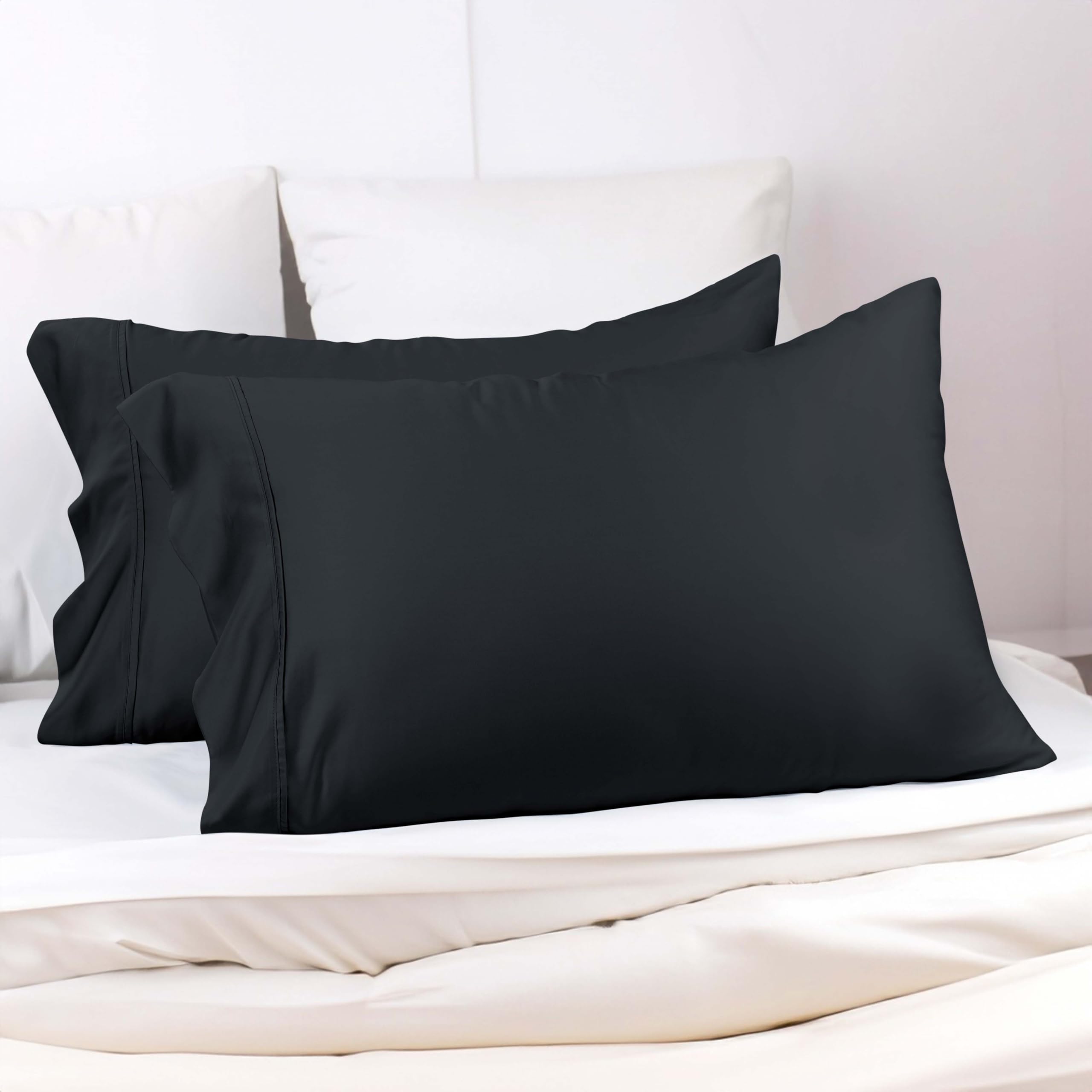 Superior - Fundas de Almohada 51 x 76 cm, 100% de Modal de Fibra de hayedo de 300 Hilos, Color Negro Liso, 1 par