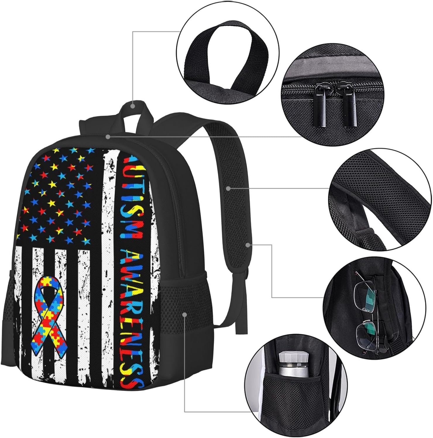 Autism Awareness Puzzle Ribbon American Flag Backpack Large Capacity Leisure Travel Backpack Outdoor Sports Daypack 12.5X5.5X16.5 inch