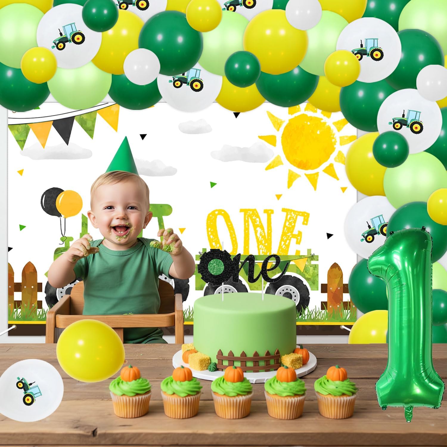 69Pcs Farm Tractor Themed 1st Birthday Party Decorations First Birthday Photography Background Cloth 1st Baby Tractor Backdrop for Tractor Theme Kids Party Decor Supplies