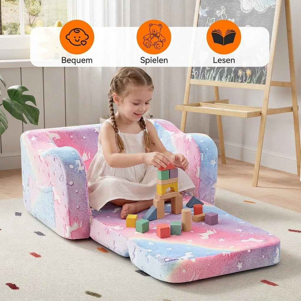 MeMoreCool Sofa dziecięca rozkładana, 2 w 1, sofa do spania dla małych dzieci, fotel dziecięcy z funkcją spania, mini kanapa do przytulnego kącika do pokoju dziecięcego, sofa do zabawy dla dziewcząt i