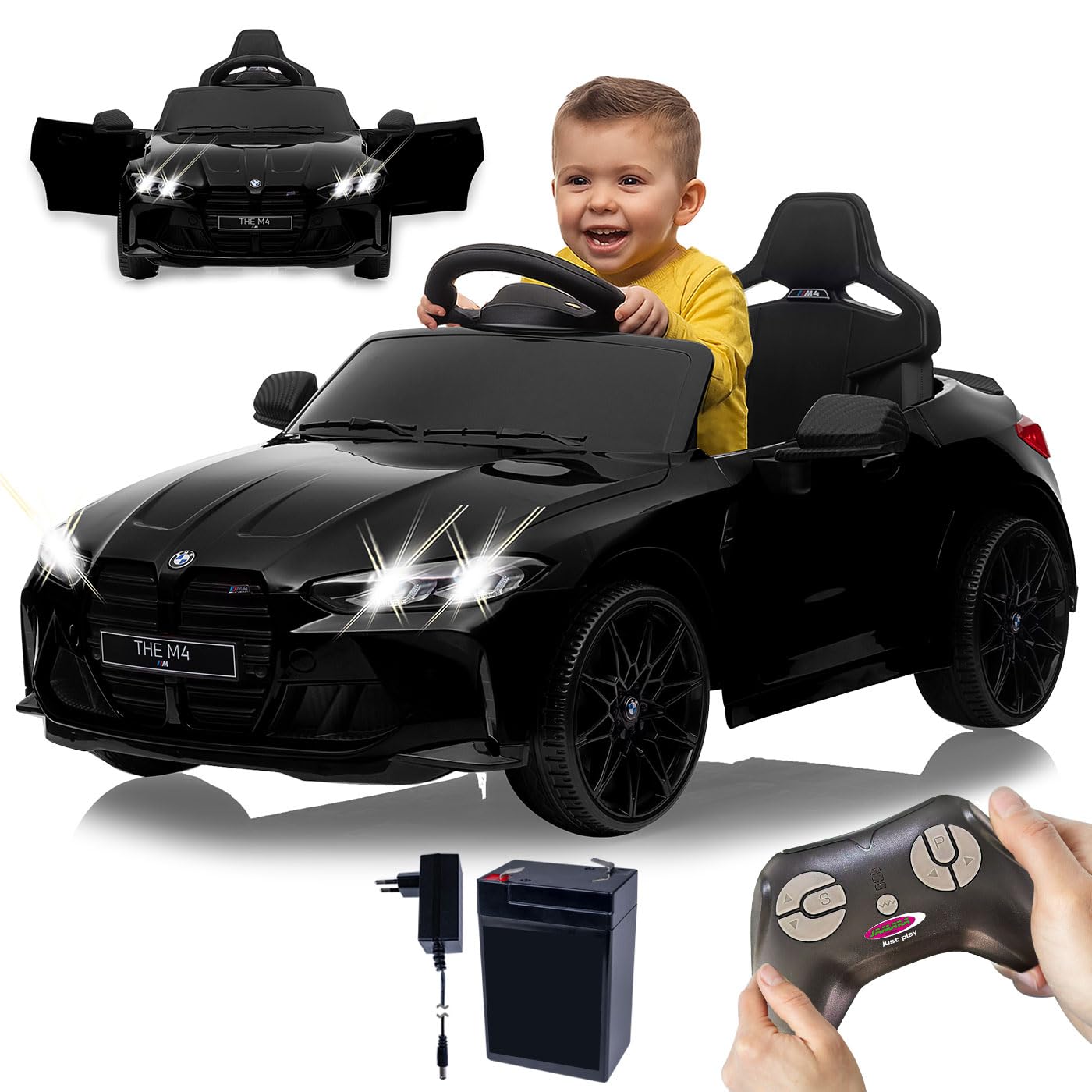 JAMARA 461867 Ride-on BMW M4 2,4 GHz Li-Power 12.6, samochód elektryczny dla dzieci od 3 lat, elektryczny fotel, pomysł na prezent, uchwyt do noszenia i ciągnięcia, rolki transportowe