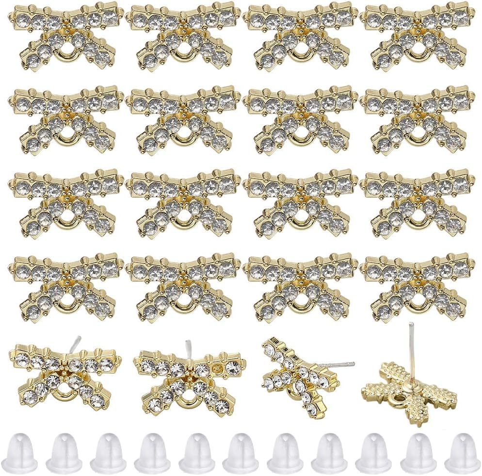 SUNNYCLUE 1 Box 50Pcs Bow Earring Posts,Stud Earring Findings Cubic Zirconia Bowknot 20Pcs Rhinestone Ear Posts with 30Pcs Ear Nuts for Jewelry Making Accessories DIY Crafts Women Adults Supplies